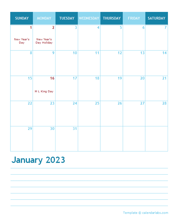 2023 Monthly Word Calendar Template Portrait
