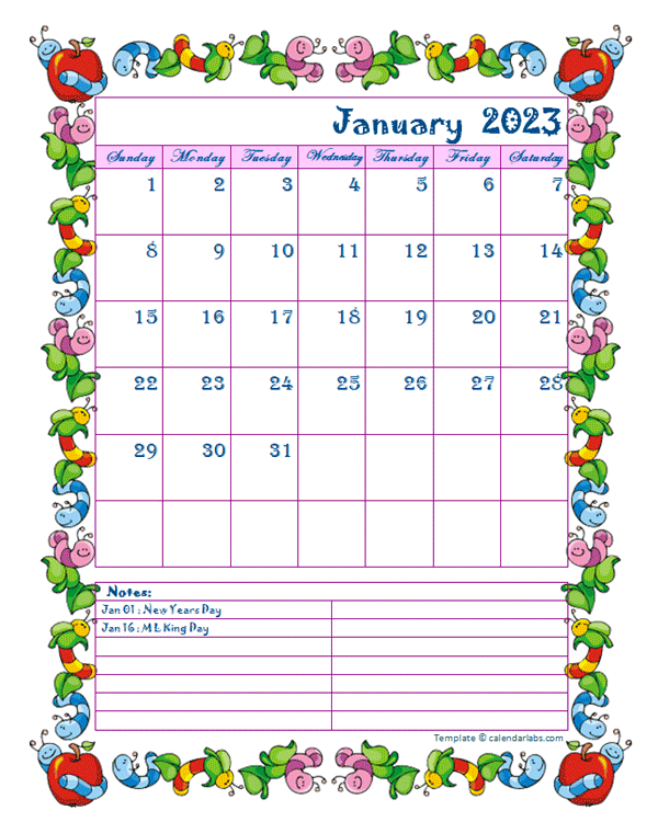 2023 Monthly Kid KIndergarten Calendar Template