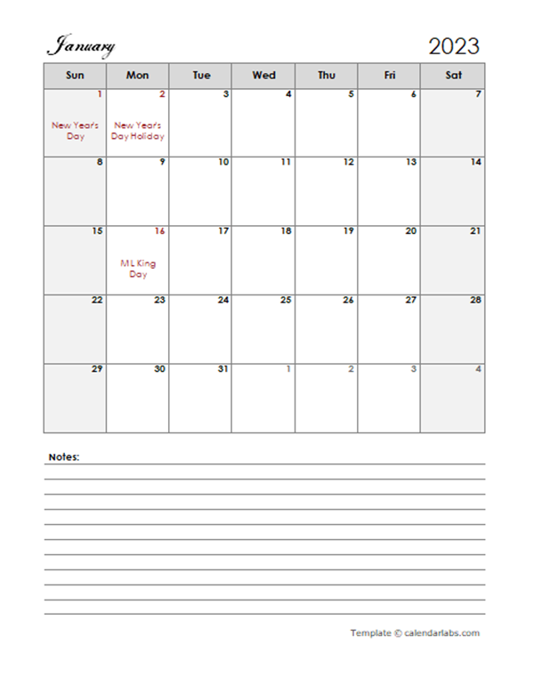 2023 excel monthly calendar with notes free printable templates