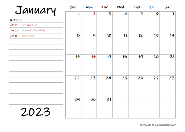 2023 Calendar Template with Monthly Notes