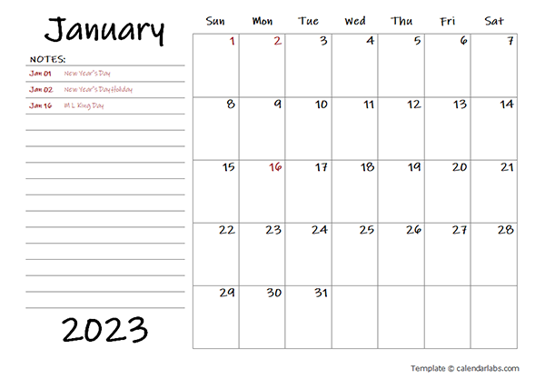 2023 Free Printable Calendar With Notes