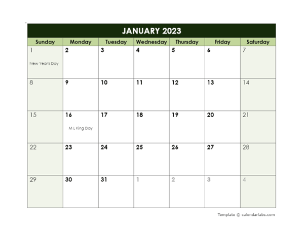 2023 Monthly Google Docs Calendar Template