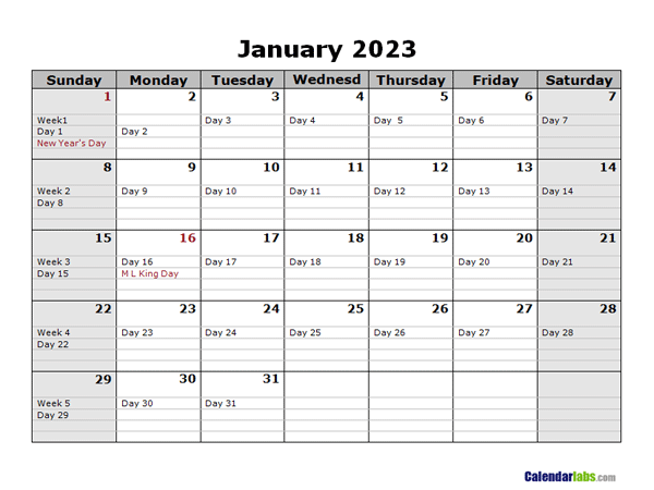 2023 Monthly Julian Calendar Landscape