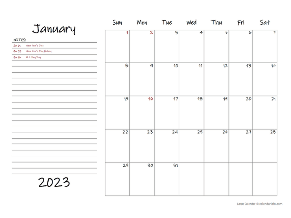 2023 Monthly Large Calendar With Notes