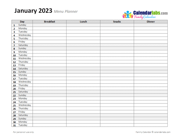 2023 Monthly Menu Planner