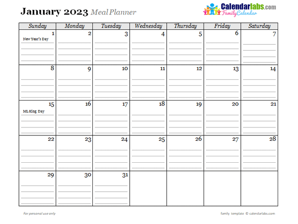 2023 Monthly Menu Planner