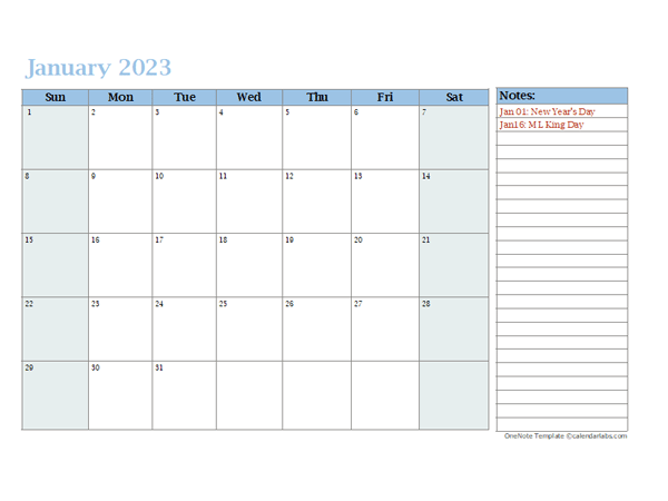 2023 Monthly OneNote Calendar - Free Printable Templates