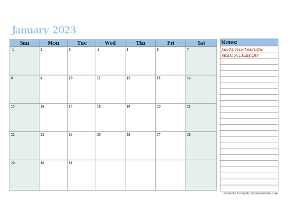 2023 Monthly OneNote Calendar