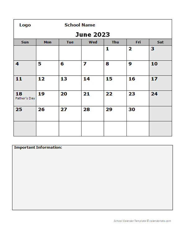 2023 Monthly School Jun-Sep Calendar