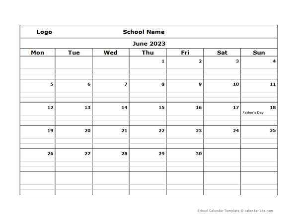 2023 Monthly School Mon Jun-Sep Calendar
