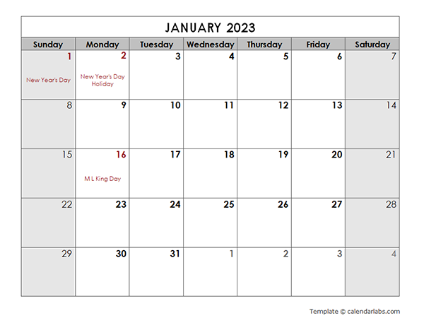2023 Monthly US Holidays LibreOffice Calendar