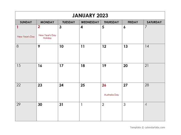 2023 Monthly Word Australia Calendar Holidays