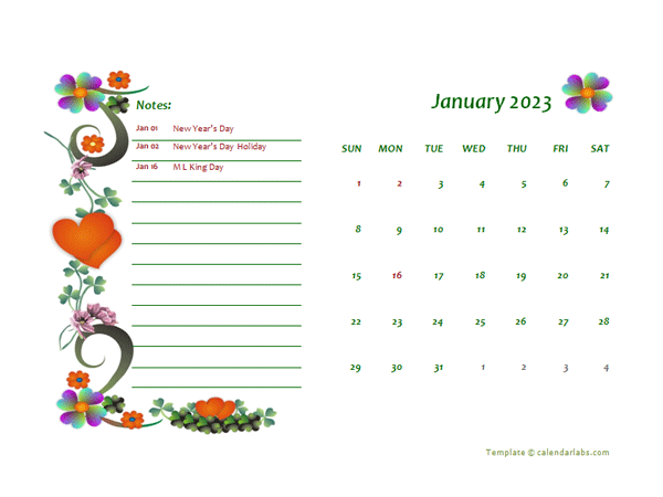 2023 Monthly Word Calendar Design Template