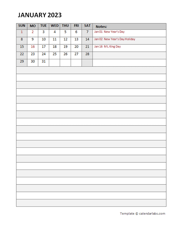 2023 Monthly Word Calendar Diary Template