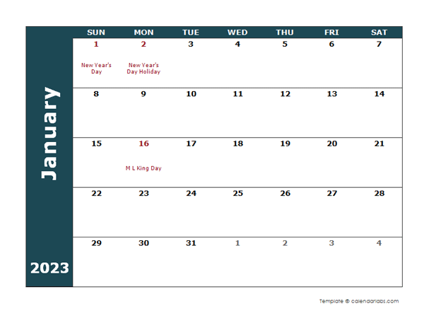 2023 Monthly Word Calendar Landscape Format