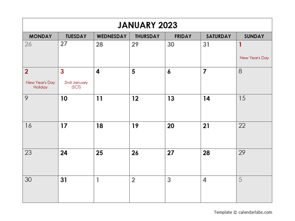 2023 Monthly Word UK Calendar Holidays