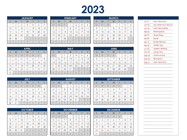 2023 New Zealand Annual Calendar with Holidays