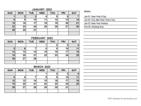 2023 New Zealand Quarterly Calendar with Holidays