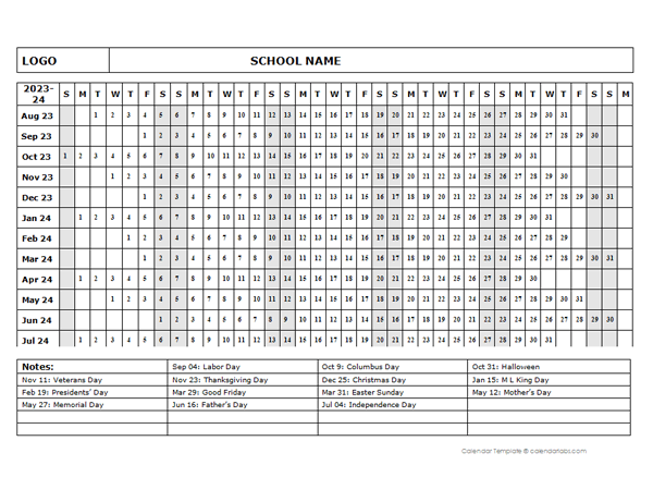 2023 One Page School Calendar Aug