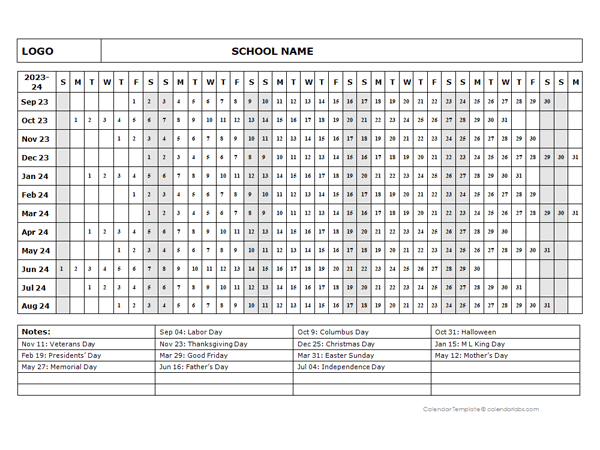 2023 One Page School Calendar Sep