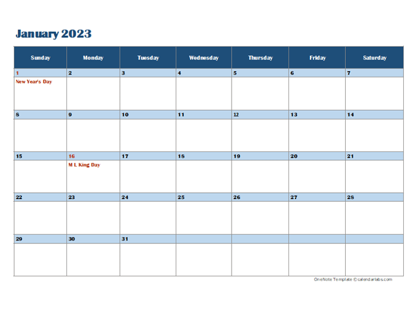 2023 OneNote Calendar Template