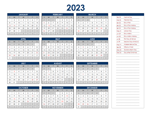 2023 Pakistan Annual Calendar with Holidays