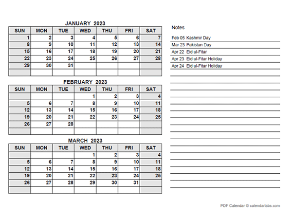 2023 Pakistan Quarterly Calendar with Holidays