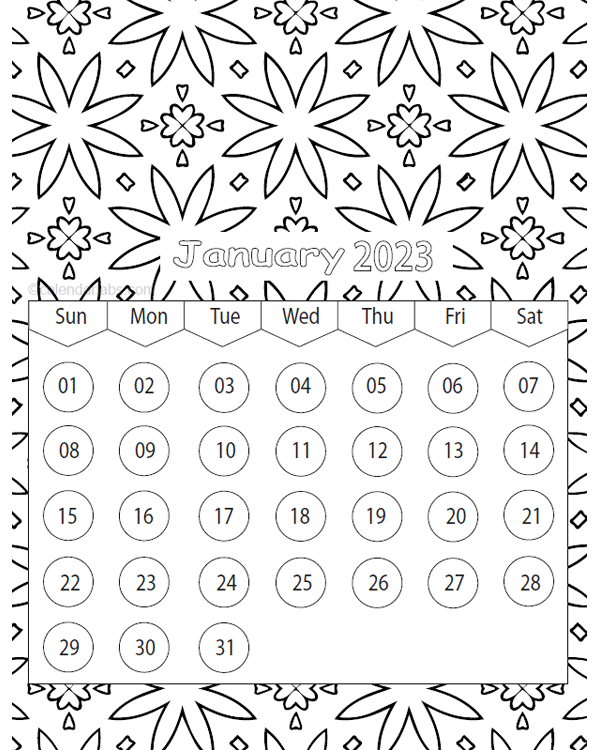 2023 Pattern Coloring Calendar Printable