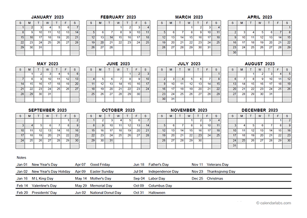 2023 PDF Yearly Calendar With Holidays