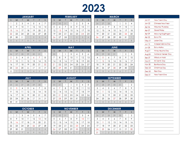 2023 Philippines Annual Calendar with Holidays