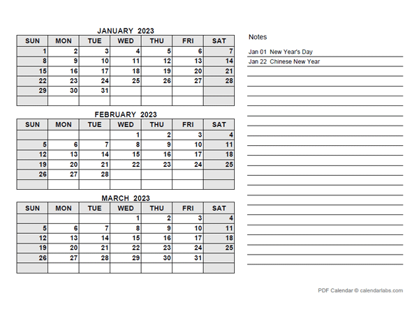 Free Printable 2023 Quarterly Calendar With Holidays