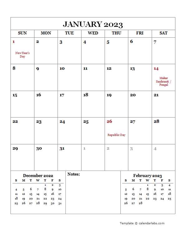 2023 Printable Calendar with India Holidays