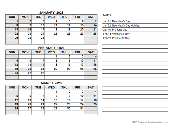 2023 Printable Calendar With Notes