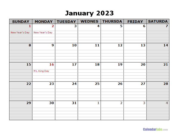 2023 Printable Landscape Monthly Calendar