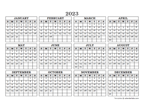 2023 Blank Yearly Calendar Landscape