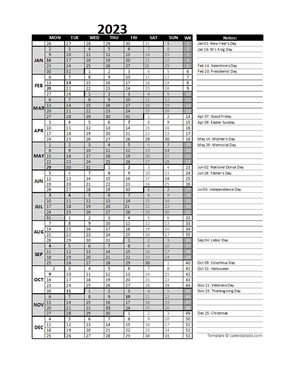 2023 Business Project Planning Calendar With Week Number