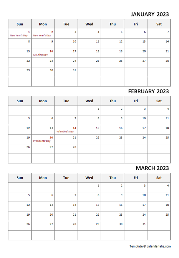2023 Three Month Calendar Template