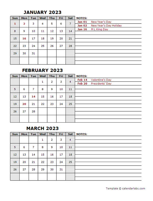 2023 Quarterly Calendar With Holidays