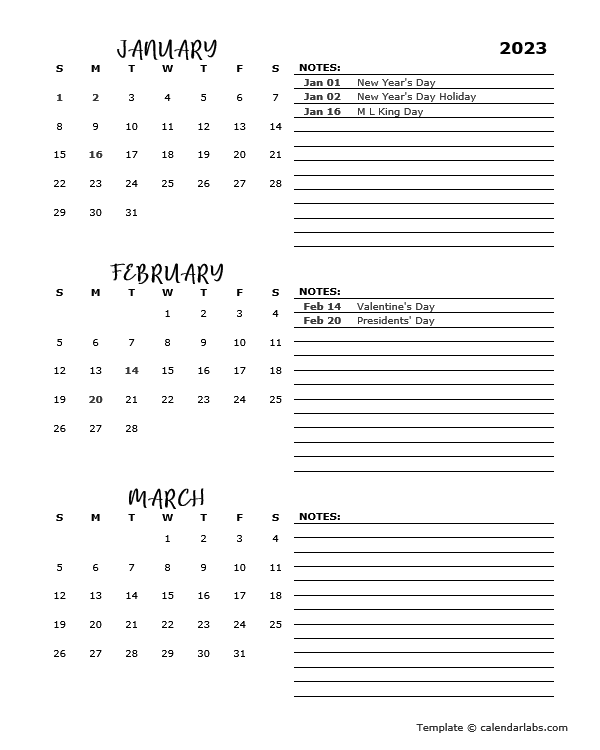 2023 Quarterly Portrait Calendar Template