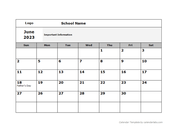 2023 School Monthly Jun-Sep Calendar