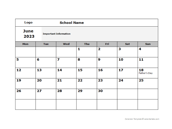 2023 School Monthly Mon Jun-Sep Calendar