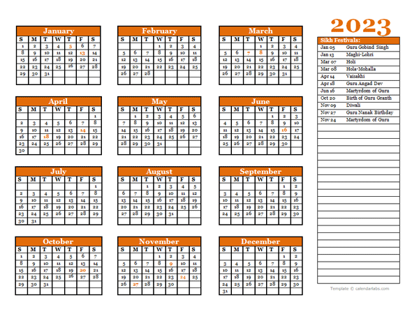 2023 Sikh Festivals Calendar Template