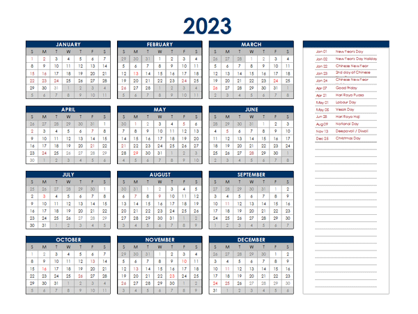 2023 Singapore Annual Calendar with Holidays