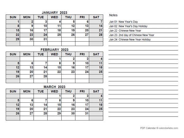 2023 Singapore Quarterly Calendar with Holidays