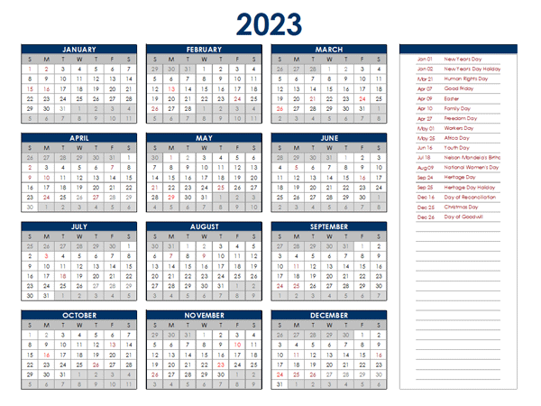 2023 South Africa Annual Calendar With Holidays Free Printable Templates