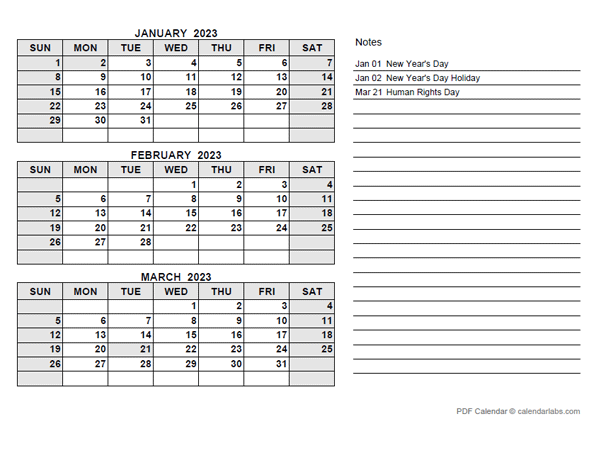 2023 South Africa Quarterly Calendar with Holidays