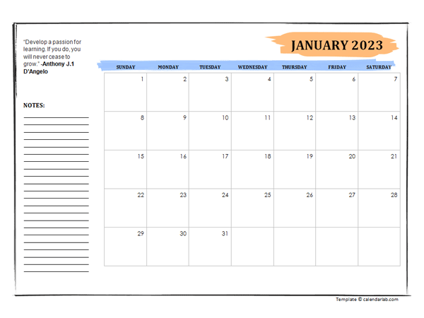 2023 Student Calendar With Note Space Free Printable Templates