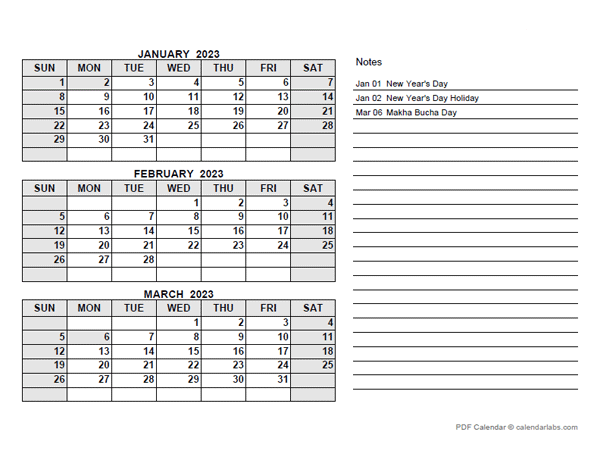 2023 Thailand Quarterly Calendar with Holidays