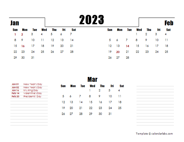 2023 Quarterly Three Month Calendar