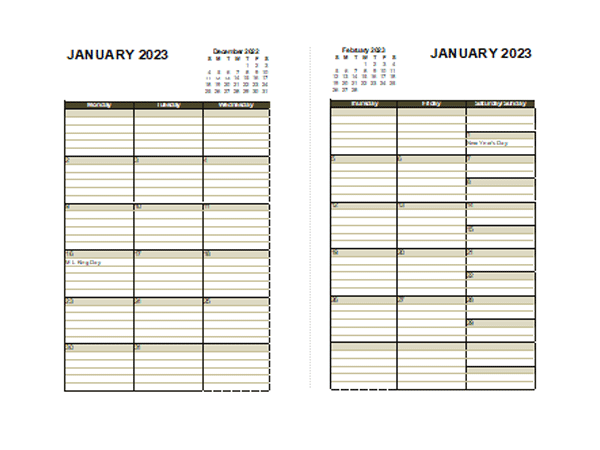 2023 Two Page Monthly Calendar A3